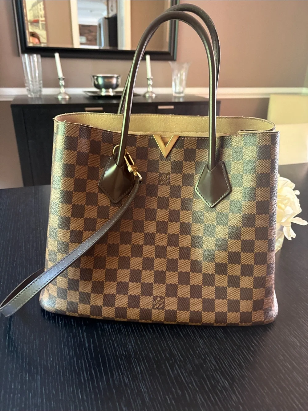 Louis Vuitton Brown Checkered Tote with Gold Accent( OPEN TO REALISTIC OFFERS)